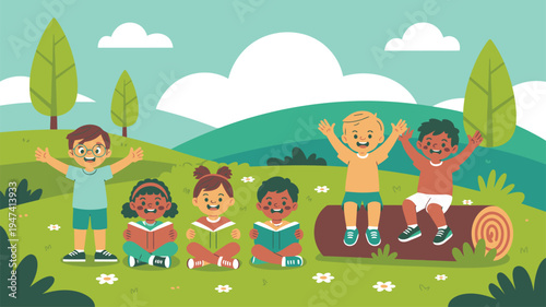 Kids Reading Playing Outdoor Park