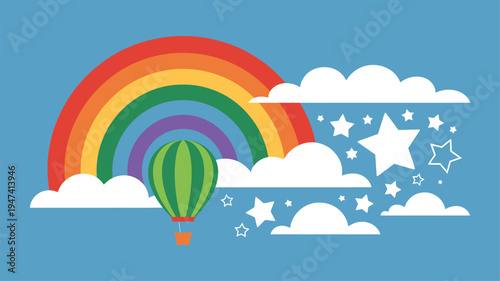 Rainbow hot air balloon sky illustration