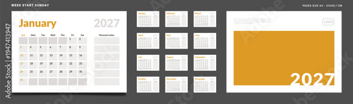 Set 12 Pages Monthly Calendar Planner Templates 2027 year, Cover with Place for Photo and Company Logo. Vector layout wall, desk calendar grid for print. Week start Sunday. Page mockup size A4