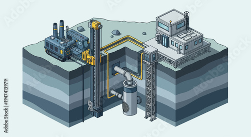 Industrial underground water pump station with complex machinery and pipes.