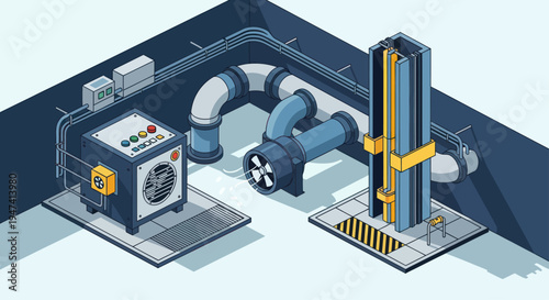Industrial ventilation system with fan and air purifier.