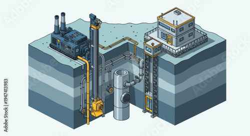 Industrial underground facility with complex machinery and buildings.