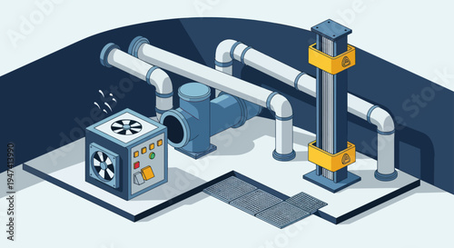Industrial ventilation system with pipes and fans.