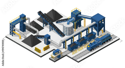 Isometric Coal Mining and Processing Plant with Train Transport.