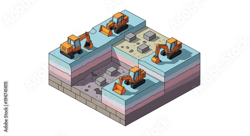 Isometric construction site with excavators digging and moving earth.