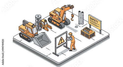 Isometric Construction Site with Heavy Machinery and Worker.