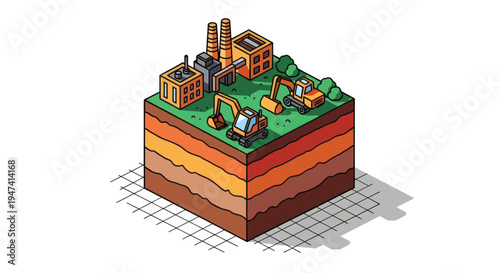 Isometric Cross-Section of Earth with Industrial Mining Activity.