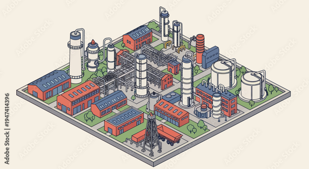Fototapeta premium Isometric Industrial Complex with Factories and Storage Tanks.