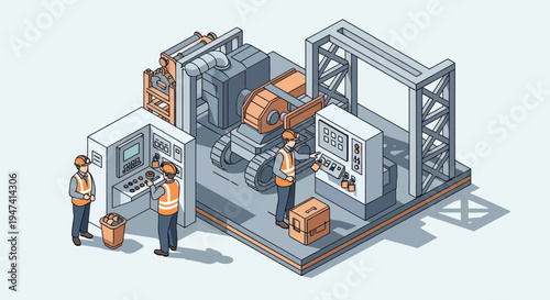 Isometric illustration of engineers working on industrial machinery.