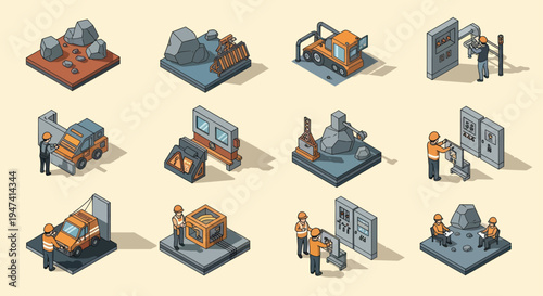 Isometric Industrial and Mining Operations Set with Workers and Machinery.