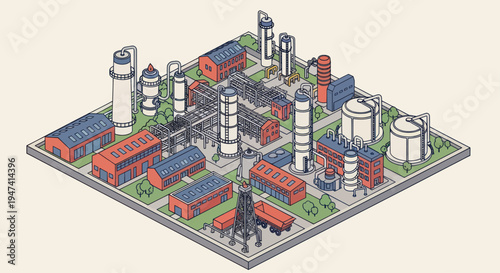 Isometric Industrial Complex with Factories and Storage Tanks.