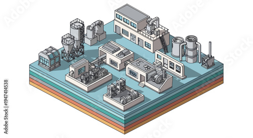 Isometric Industrial Factory Complex with Machinery and Buildings.