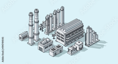 Isometric Industrial Factory Complex with Smokestacks and Buildings.