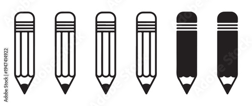Set of pencil icons in outline and flat solid styles with erasers for drawing sketching and school design