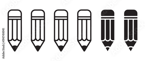 Six pencils in black and white style, with erasers for writing and drawing