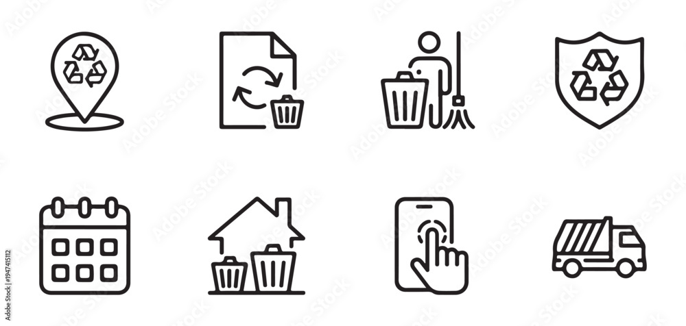 Fototapeta premium Set of eight outline recycling and waste management icons illustration, environmental protection concepts