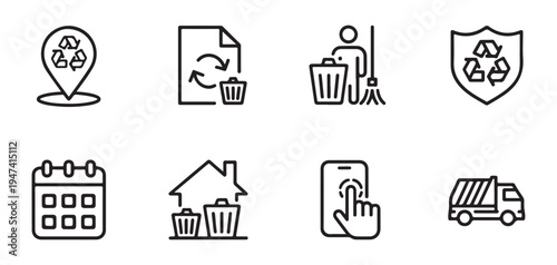 Set of eight outline recycling and waste management icons illustration, environmental protection concepts