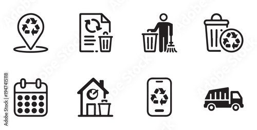 Set of eight solid recycling and waste management icons illustration, environmental protection concepts
