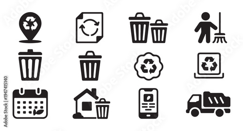 Recycle bin location icon with recycling symbol and trash cans, cleanup, and calendar
