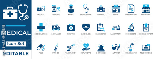 Medical and healthcare editable vector icon set. Two-tone blue flat icons for hospital, clinic, pharmacy, laboratory, and telemedicine designs.