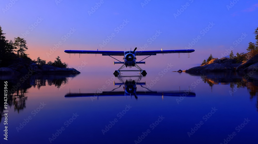 Fototapeta premium floatplane. A floatplane at rest on a mirror-like lake at dusk, wings reflected. mobility guides, transit brochures, designed for transport & logistics marketing, clarifies navigation. 