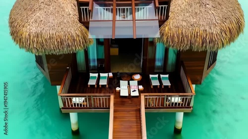 Stunning Overwater Bungalow Paradise with Turquoise Waters and Lush Thatch Roofs.