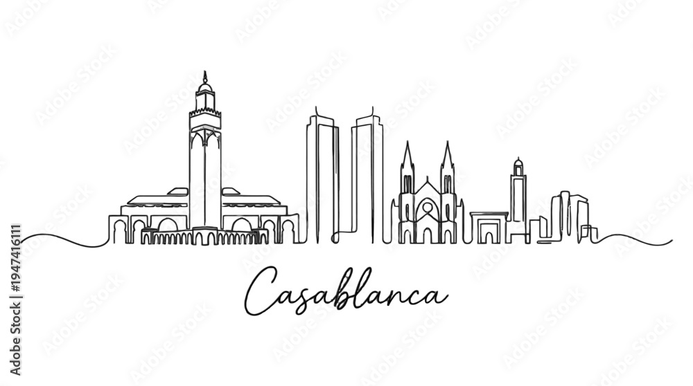 Fototapeta premium Elegant minimal line drawing of Casablanca's iconic skyline featuring historic and modern architecture