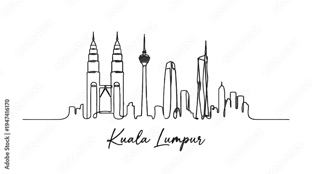 Fototapeta premium Minimalist Line Art of Kuala Lumpur Skyline Featuring Iconic Tall Structures and Urban Silhouette