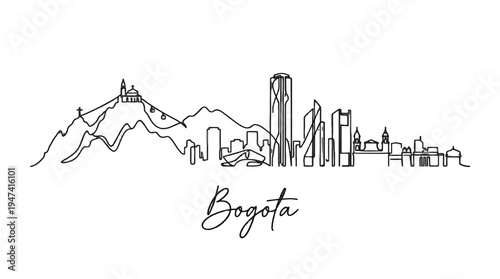 Minimalist Line Art Illustration of Bogota Skyline Featuring Diverse Architecture and Mountain Background