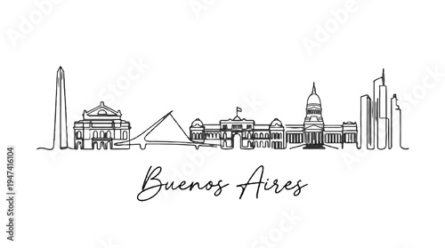 Minimalist Line Art Illustration of Buenos Aires Skyline with Iconic Landmarks and Elegant Script Text