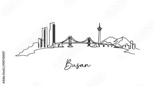 Minimalist Line Drawing of Busan Skyline Featuring Iconic Bridge and Urban Landscape