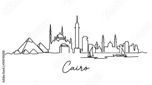Minimalist skyline silhouette of Cairo featuring iconic pyramids and modern skyscrapers capturing historical and contemporary