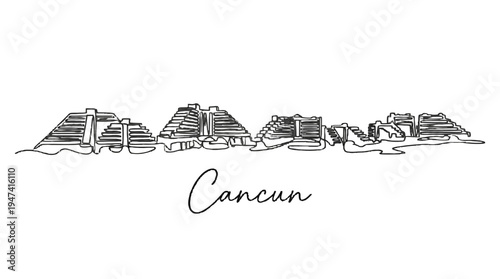 Line Art Illustration Depicting Iconic Mayan Ruins of Chichen Itza in Cancun with Elegant Handwritten Style "Cancun" Text
