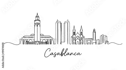 Elegant minimal line drawing of Casablanca's iconic skyline featuring historic and modern architecture