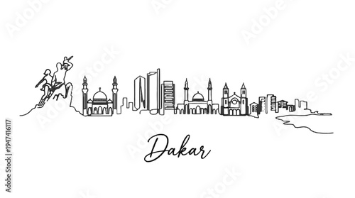 Minimalist skyline illustration of Dakar featuring iconic landmarks and cityscape elements in a clean line art style