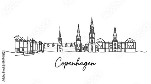 Elegant minimalist line drawing of the historic Copenhagen skyline highlighting iconic architecture and cityscape details in a