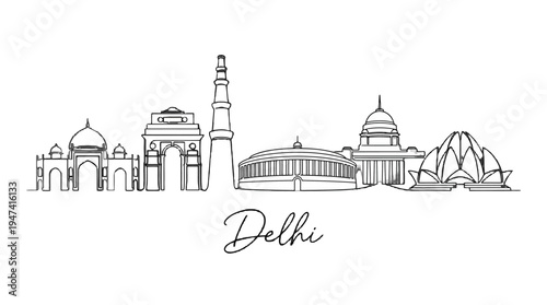Minimalist Line Drawing Illustration Showcasing Iconic Delhi Landmarks Including Lotus Temple and Qutub Minar