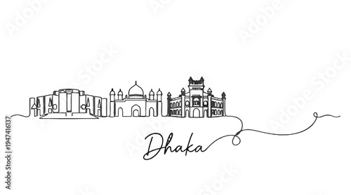 Stylized Line Art Depiction of Dhaka?s Iconic Architectural Landmarks and Cityscape in Minimalist Style