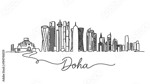 Minimalist line art illustration of Doha's iconic skyline showcasing modern skyscrapers and cityscape elements