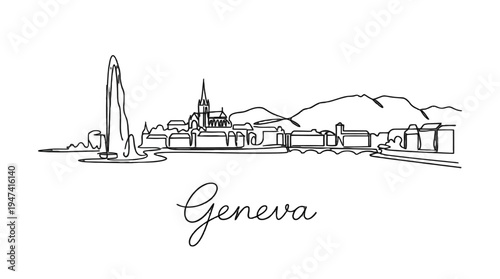 Minimalist Line Drawing of Geneva?s Iconic Skyline Featuring Jet d'Eau and Historic Buildings