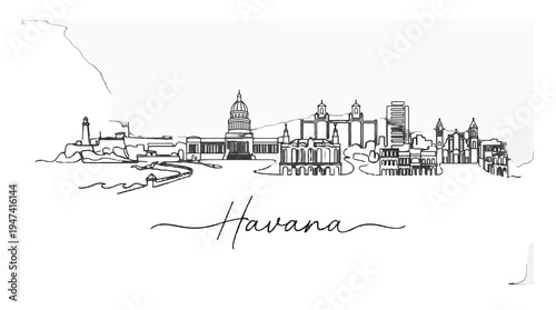 Minimalist Line Art Illustration of Havana City Skyline Featuring Iconic Architecture and Coastal Elements