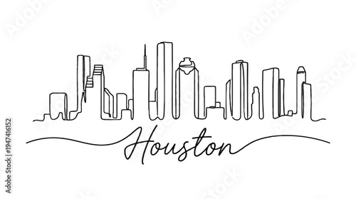 Minimalist black and white line art illustration showcasing the Houston city skyline with iconic skyscrapers and a stylized