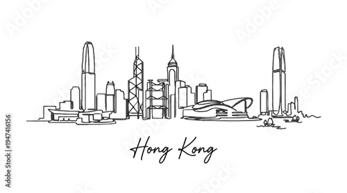 Minimalist Black and White Line Drawing of Hong Kong Skyline with City Landmarks and Iconic Structures
