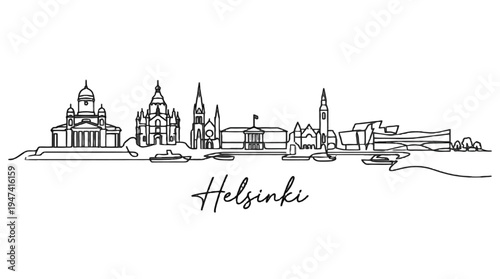 Minimalist Line Drawing Depicting Helsinki Skyline Including Iconic Structures and Serene Waterscape