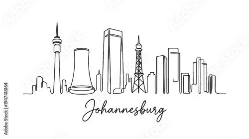 Minimalist Line Drawing of Johannesburg's City Skyline with Iconic Landmarks and Elegant Script Label
