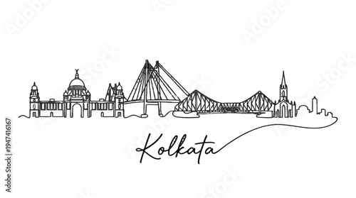 Elegant Skyline Illustration of Kolkata City Featuring Iconic Landmarks and Urban Features with Artistic Skyline Representation