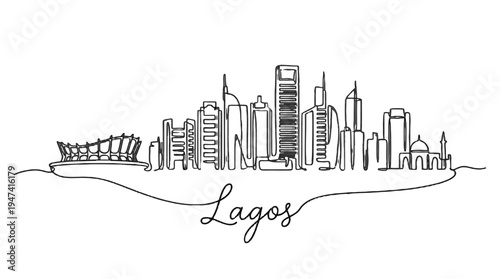 Minimalist black and white line drawing of the Lagos city skyline showcasing diverse architecture and iconic structures in Nigeria
