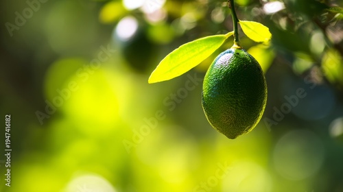 sudachi. A fresh sudachi lime on a branch against a blurred green background,...