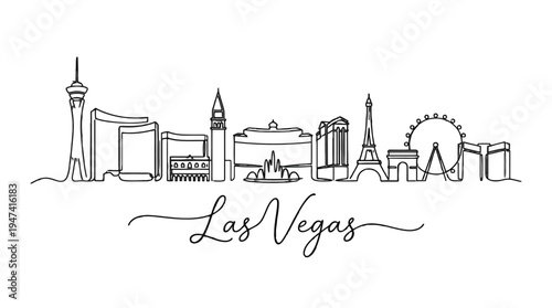 Minimalist black and white Las Vegas skyline illustration with the iconic landmarks and the city name in elegant cursive