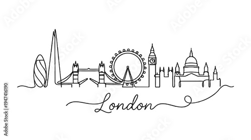 Elegant minimalistic line art illustration capturing iconic London landmarks in a continuous single-line style